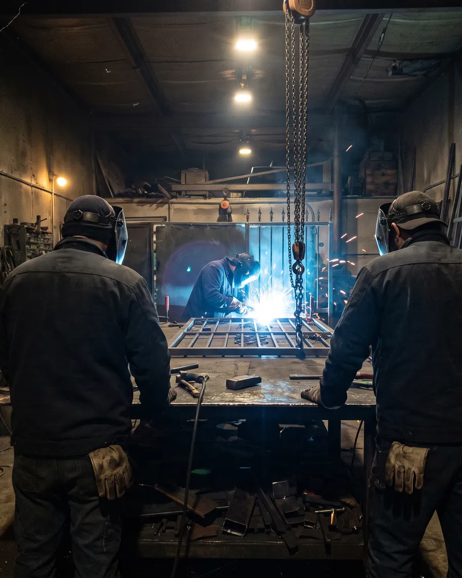Three fabricators seen from behind at a workshop bench while the farthest welds an iron gate panel and the arc glow lights their silhouettes