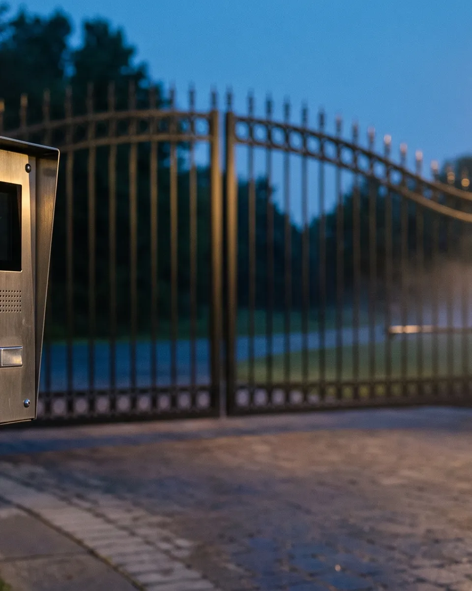 Brushed stainless video intercom pedestal at an estate driveway entrance at dusk with tall iron gates and lantern topped stone pillars softly blurred behind