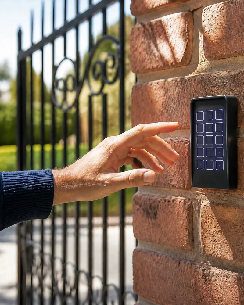 Homeowner's hand reaching toward a sunlit driveway keypad mounted on a brick pillar