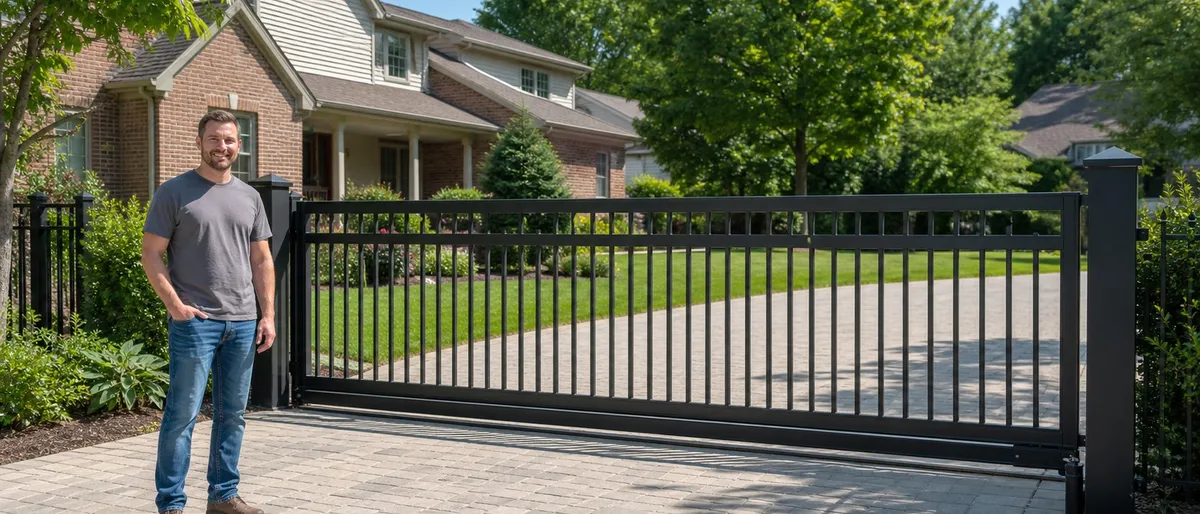Homeowner beside a charcoal aluminum picket slide gate at a modern home in bright daylight