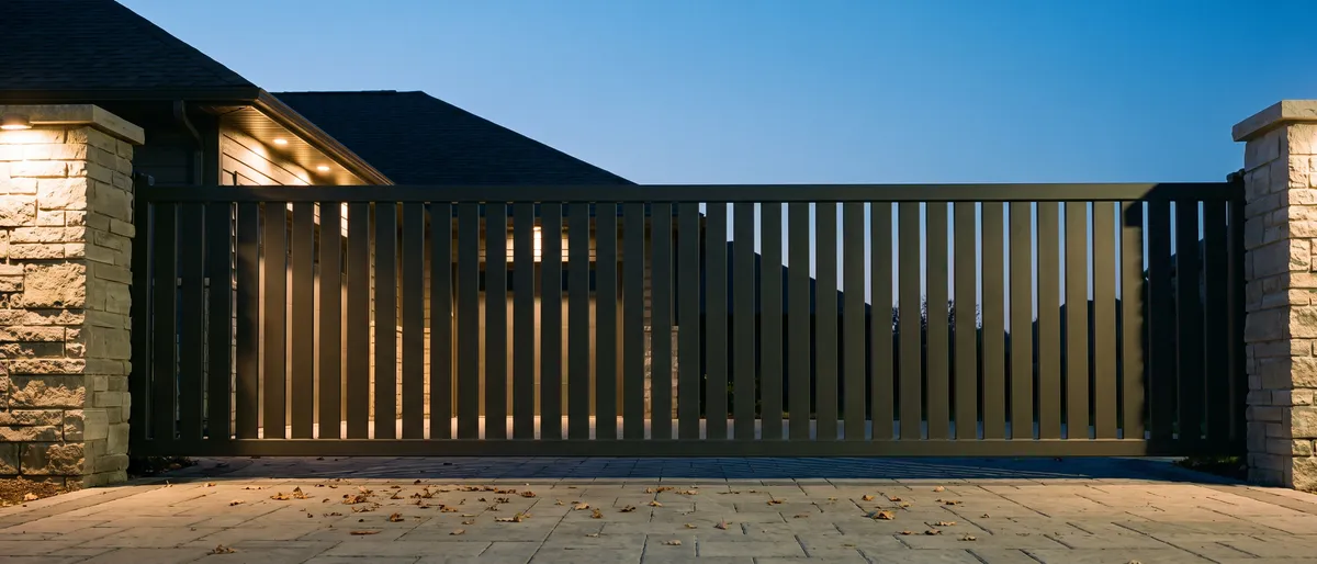 Charcoal aluminum picket slide gate across a paver driveway of a modern home at dusk with warm downlights on the flanking masonry piers