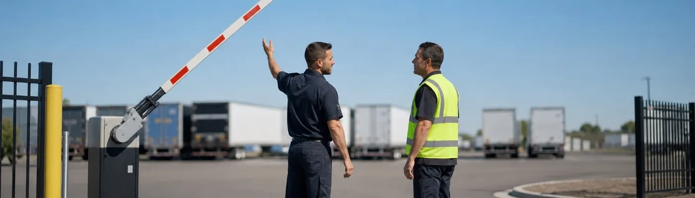 Technician and facility employee at a raised commercial barrier arm gate in a Warren Michigan truck yard at midday