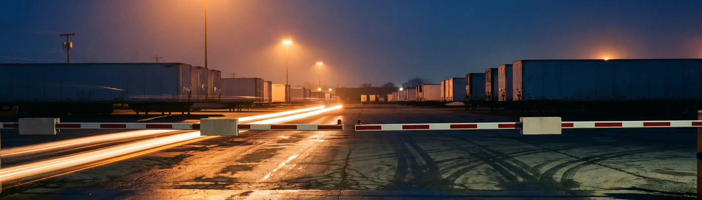 Wide view of a barrier arm gate at a Warren distribution yard at dusk, truck trailers silhouetted under sodium lights on wet asphalt