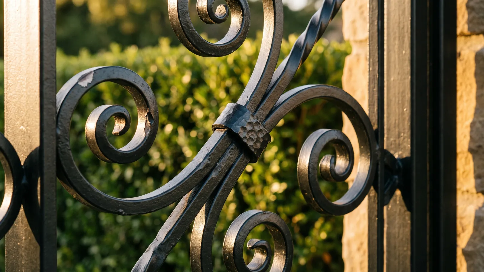 Detail of a forged wrought iron driveway gate with scrollwork