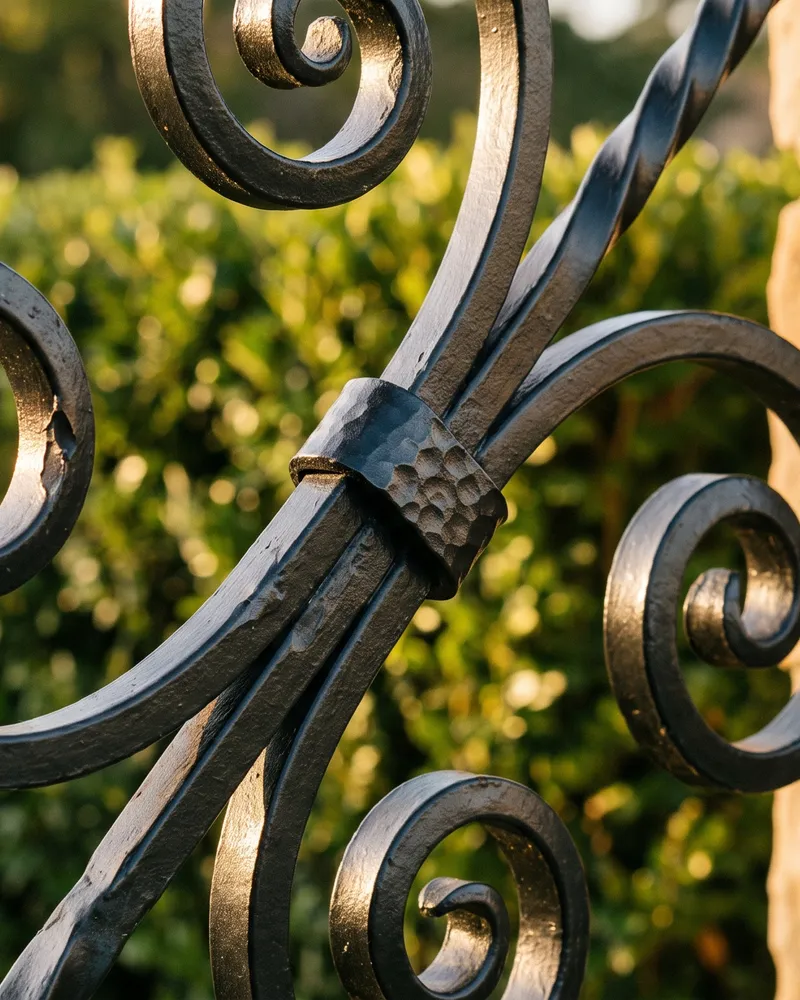 Detail of a forged wrought iron driveway gate with scrollwork