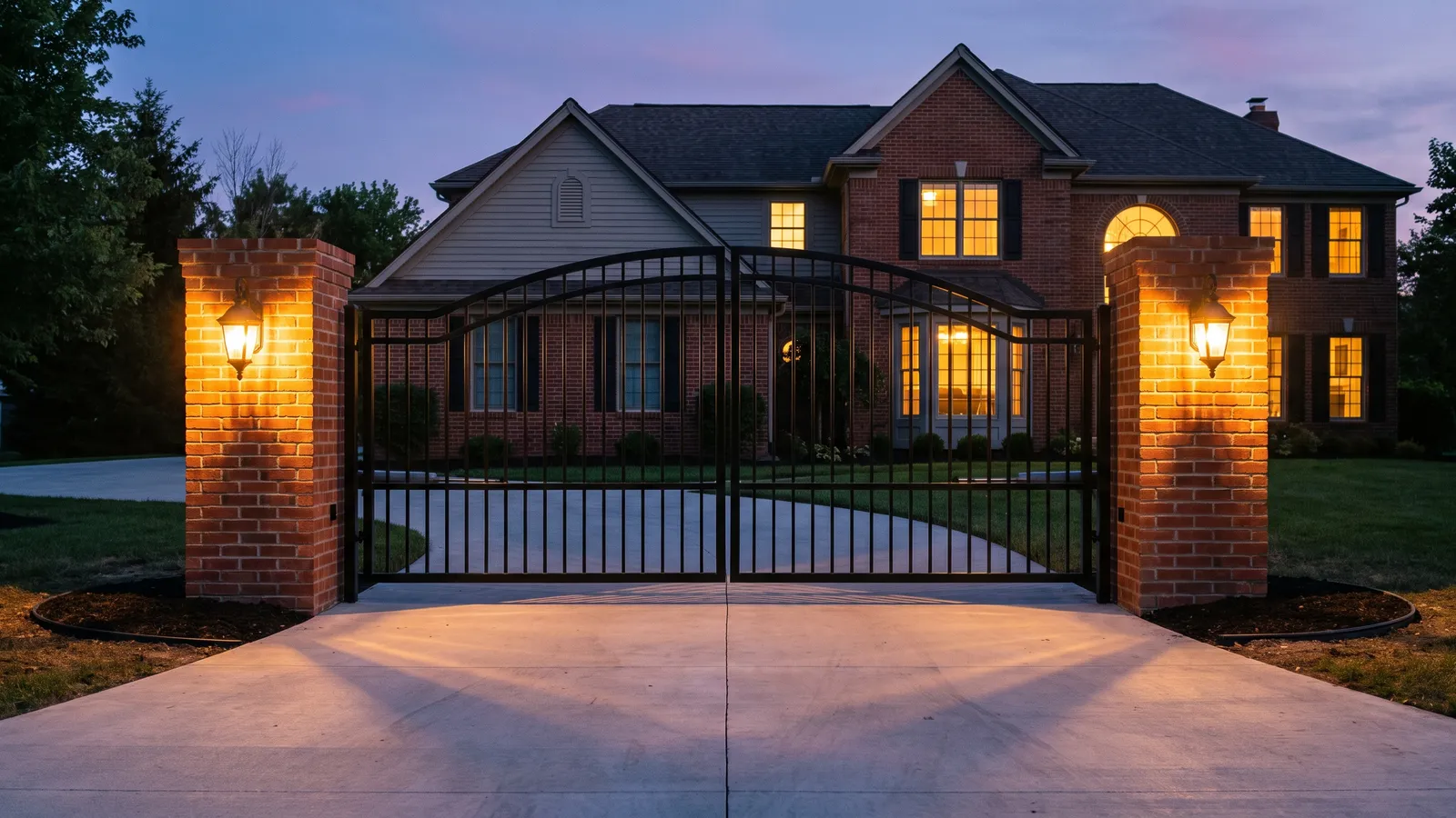 Installed automatic driveway gate on a Metro Detroit home at dusk