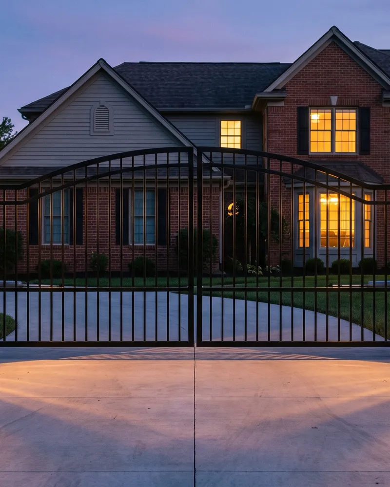 Installed automatic driveway gate on a Metro Detroit home at dusk