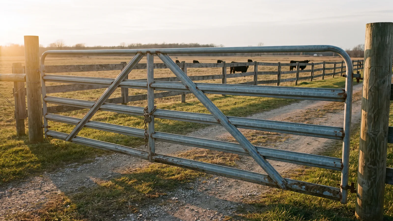 Galvanized cattle gate across a farm driveway entrance