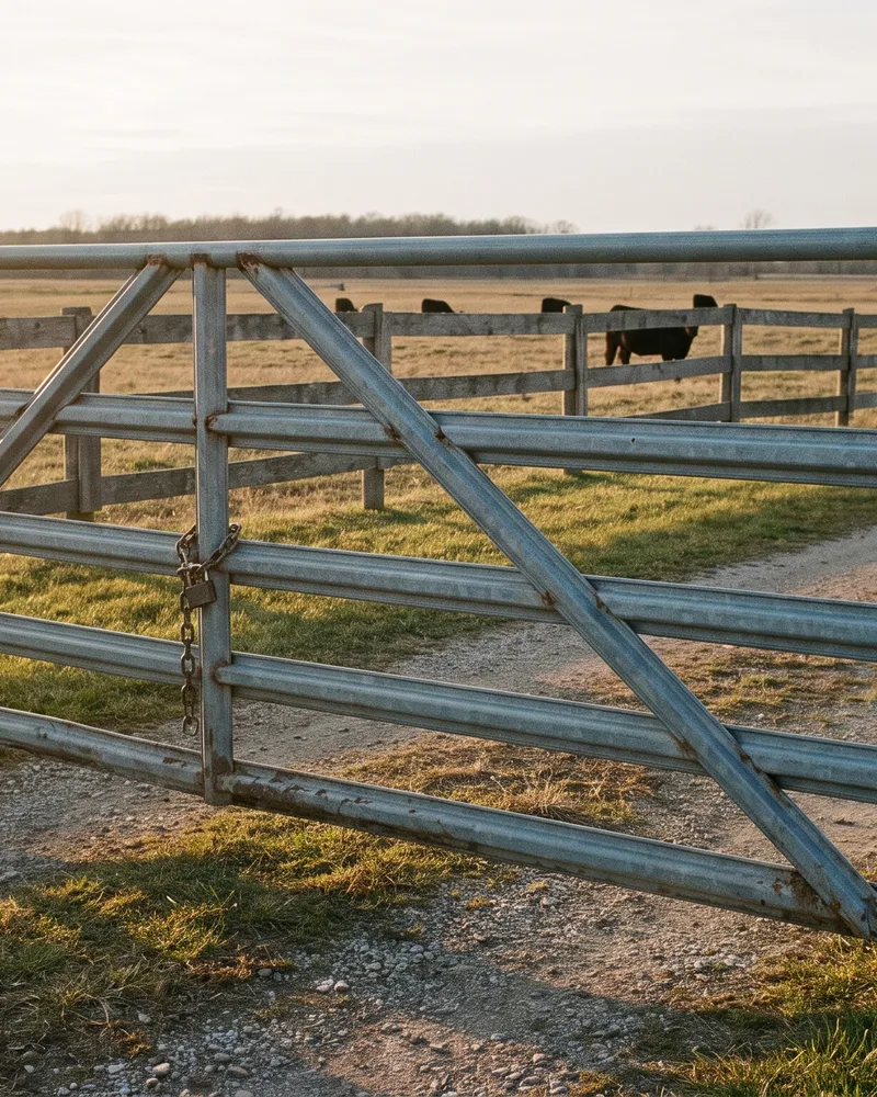 Galvanized cattle gate across a farm driveway entrance