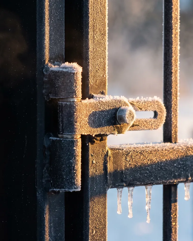Frost-covered automatic gate hardware and photo-eye sensor in winter