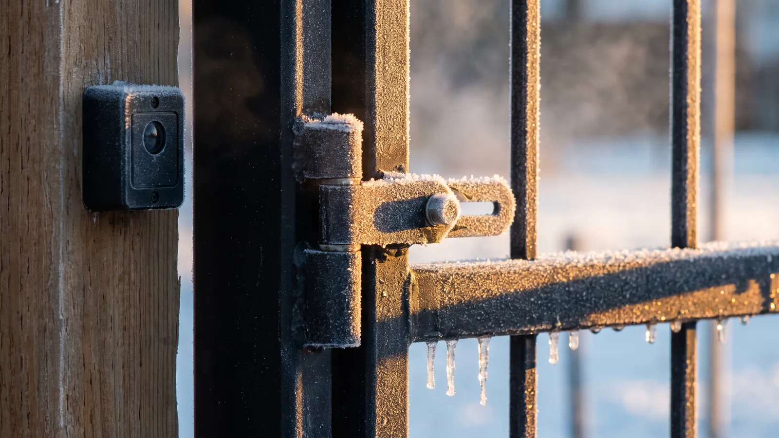 Frost-covered automatic gate hardware and photo-eye sensor in winter