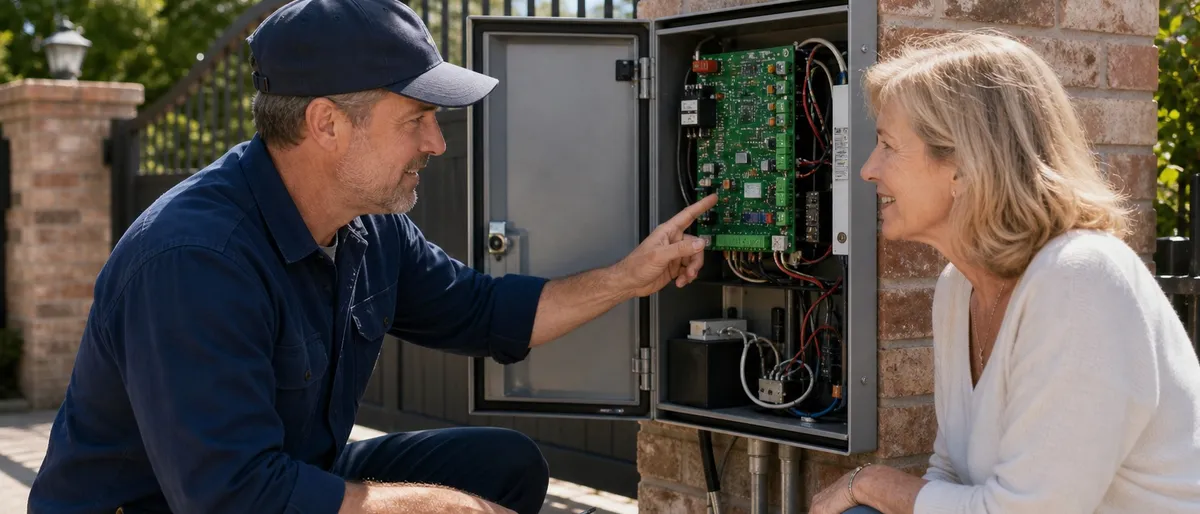 Technician showing a homeowner the open control box of a gate operator in bright daylight