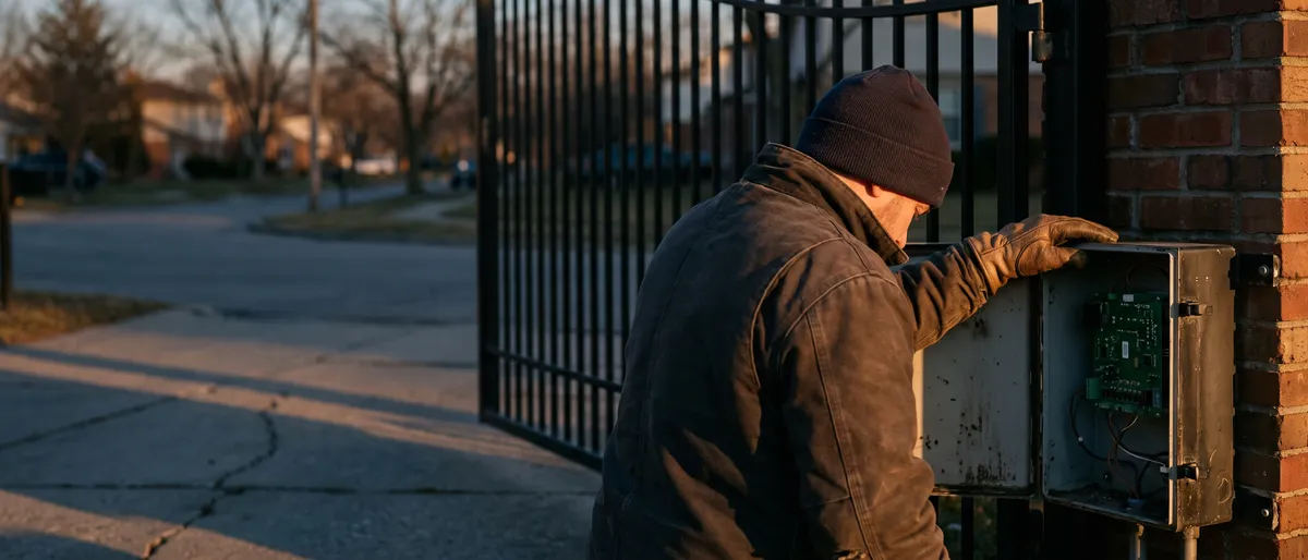 Technician seen from behind at dusk resting a gloved hand on the open control box of a gate operator beside a brick pillar with the circuit board visible inside