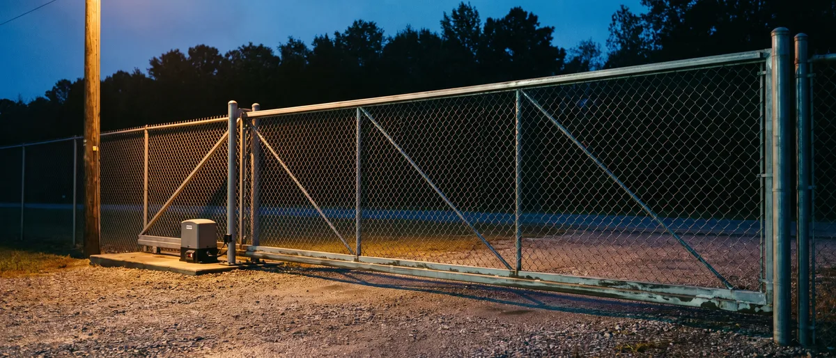 Galvanized chain link slide gate across a gravel drive at dusk with an automatic opener unit mounted on a concrete pad beside the track