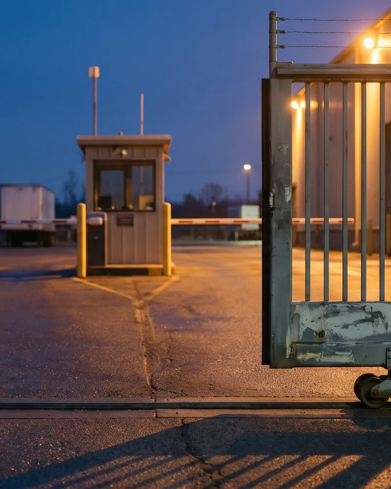 Steel slide gate rolled half open at a commercial yard entrance at dusk with a barrier arm and guard kiosk beyond and trailers on the wet asphalt