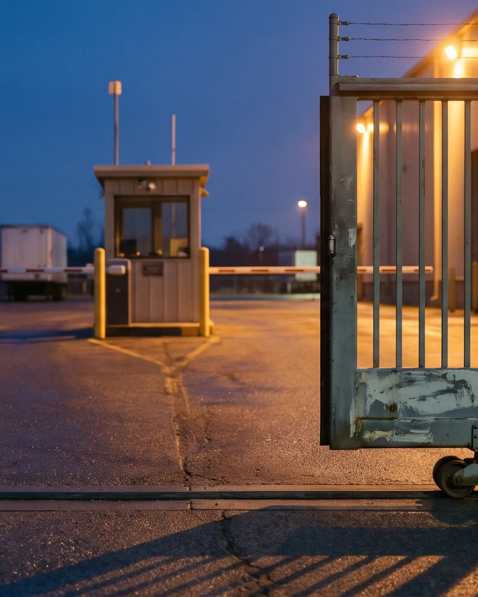 Steel slide gate rolled half open at a commercial yard entrance at dusk with a barrier arm and guard kiosk beyond and trailers on the wet asphalt