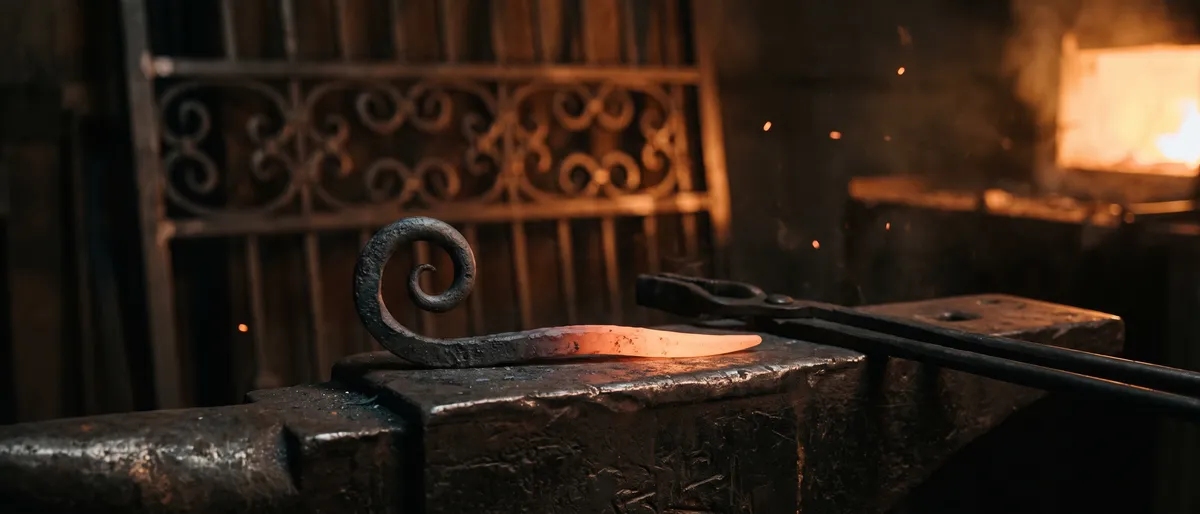 Hand forged iron scroll glowing orange on a blacksmith anvil with tongs beside it and a finished scrollwork gate panel lit by forge glow behind