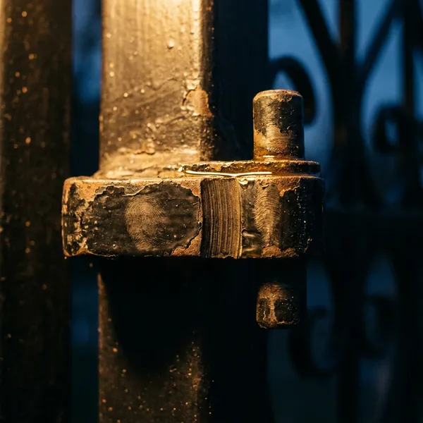 Macro of a steel gate hinge barrel with a fresh oil sheen and chipped black paint in warm raking light