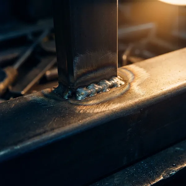 Macro of a cooled weld bead joining a picket to a gate rail with heat tint on the surrounding steel