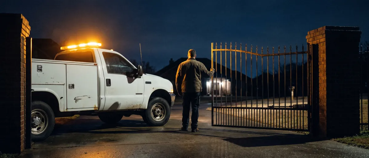 Service truck with a glowing amber light bar parked at night beside a technician standing at a stuck iron driveway gate between brick pillars