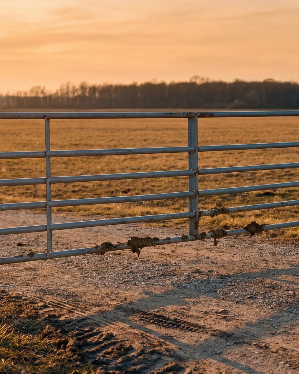Long galvanized tube farm gate with a latch chain across a gravel drive in open Michigan farmland at golden hour with a distant red barn