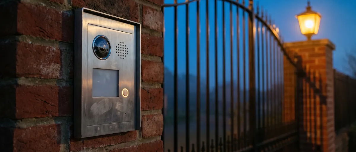 Brushed stainless video intercom with camera lens and glowing call button on a brick pillar at an estate entrance, iron gates and lantern blurred behind