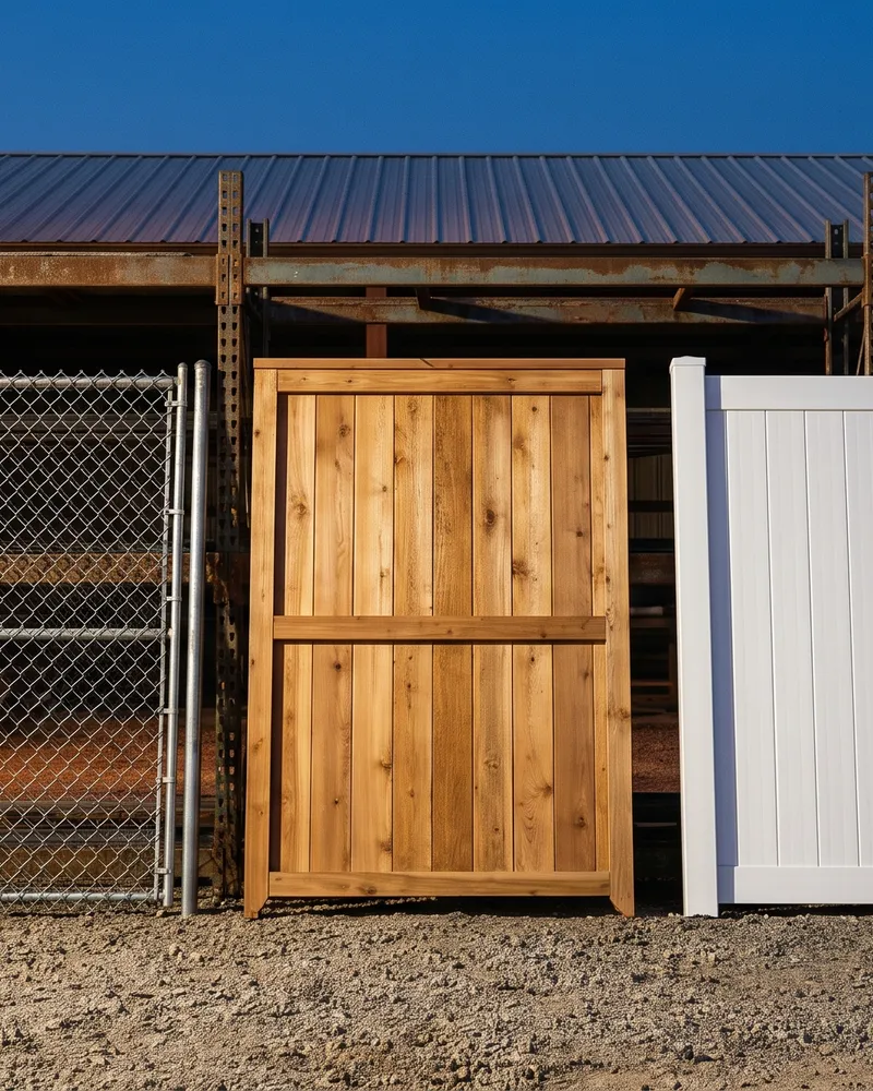 Five gate panels leaned side by side outside a fabrication shop at dusk, wrought iron, chain link, cedar, white vinyl, and aluminum picket
