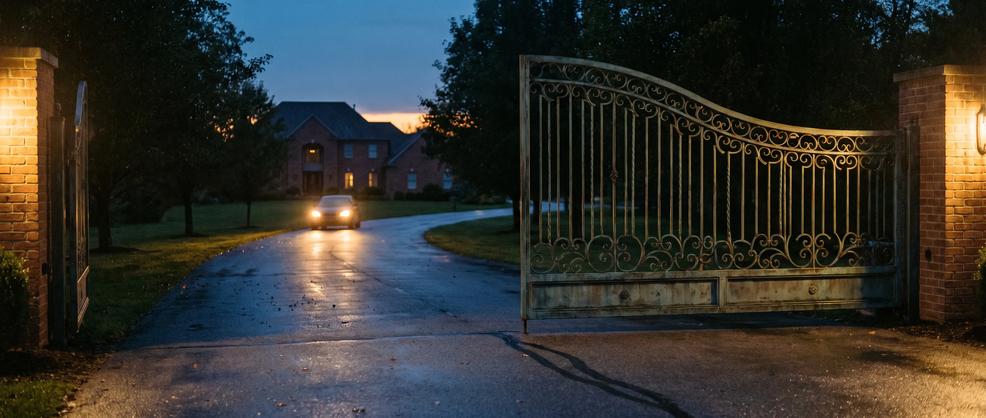 Wrought iron estate gate standing half open across a long tree lined driveway at dusk, warm lamp light on the brick pillar and headlights approaching in the distance