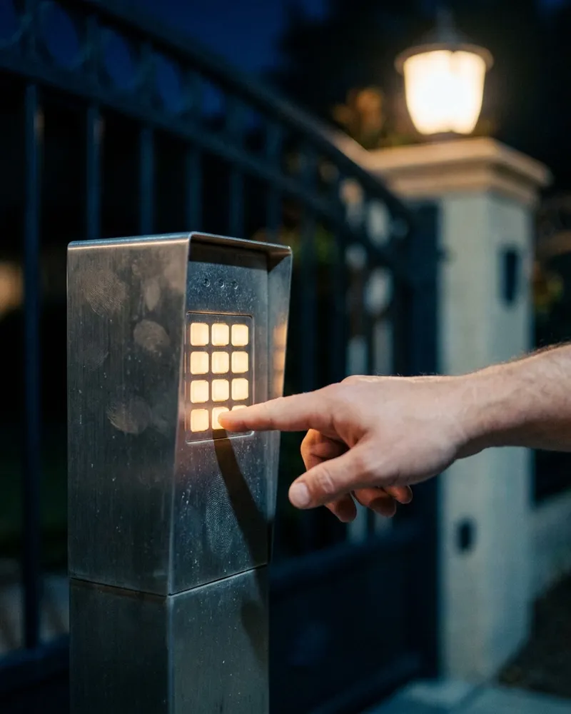 Finger reaching toward a softly glowing driveway keypad at night with an iron gate and pillar lamp blurred behind