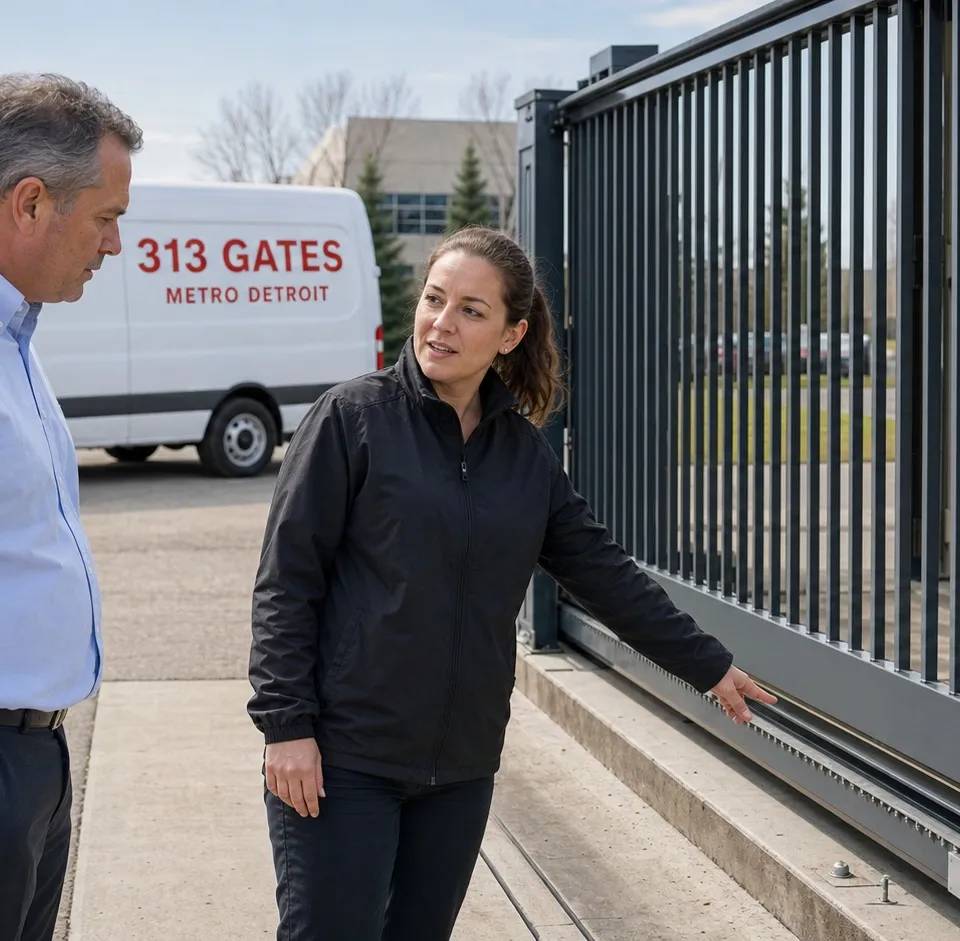 Facility manager and technician reviewing a commercial slide gate beside a 313 Gates branded service van in daylight