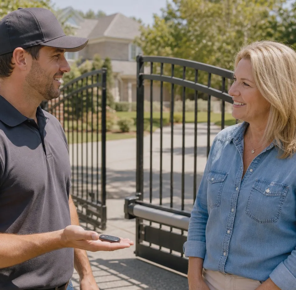 Technician showing a gate opener remote to a smiling homeowner as the driveway gate swings open behind them