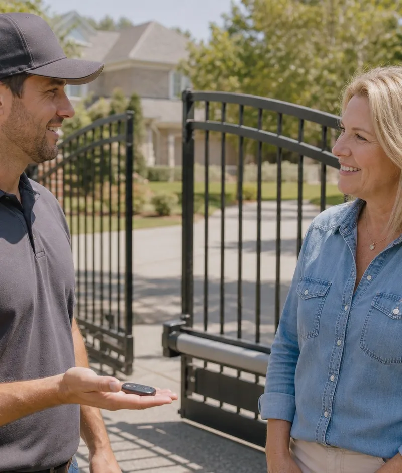 Technician showing a gate opener remote to a smiling homeowner as the driveway gate swings open behind them