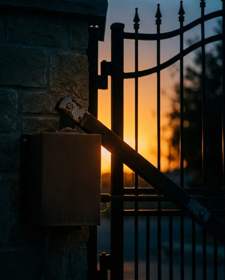 Gate operator arm and control box silhouetted against an amber dusk sky between a stone pillar and an iron swing gate