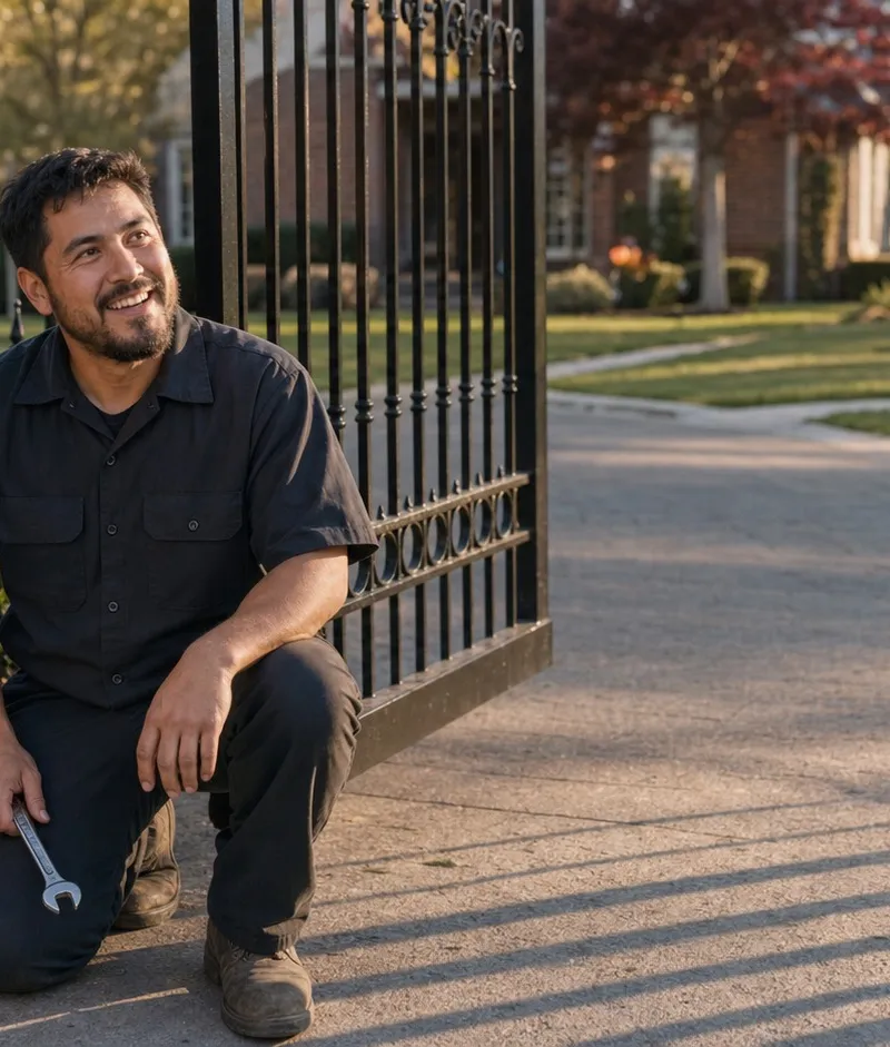 Smiling technician kneeling at a driveway gate hinge in warm morning light while a homeowner looks on
