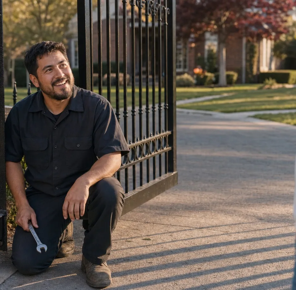 Smiling technician kneeling at a driveway gate hinge in warm morning light while a homeowner looks on