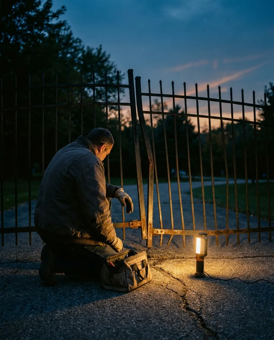 Technician kneeling at the lower hinge of a sagging iron estate gate at dusk with a work light and open tool bag