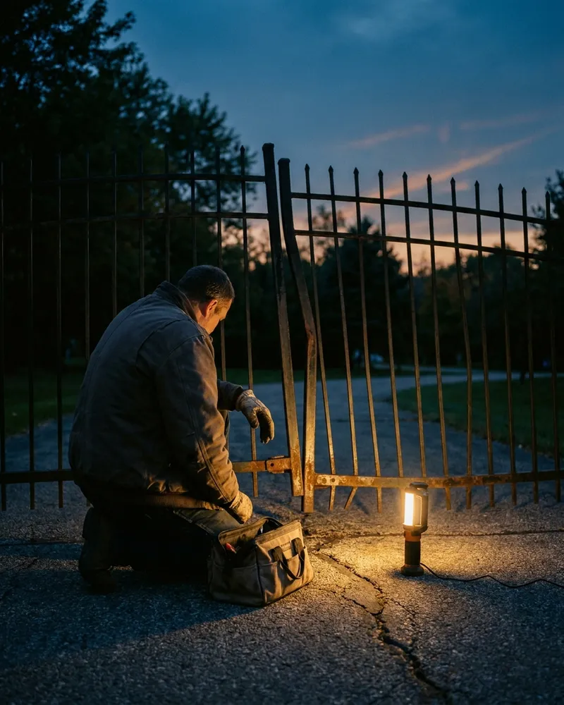 Technician kneeling at the lower hinge of a sagging iron estate gate at dusk with a work light and open tool bag