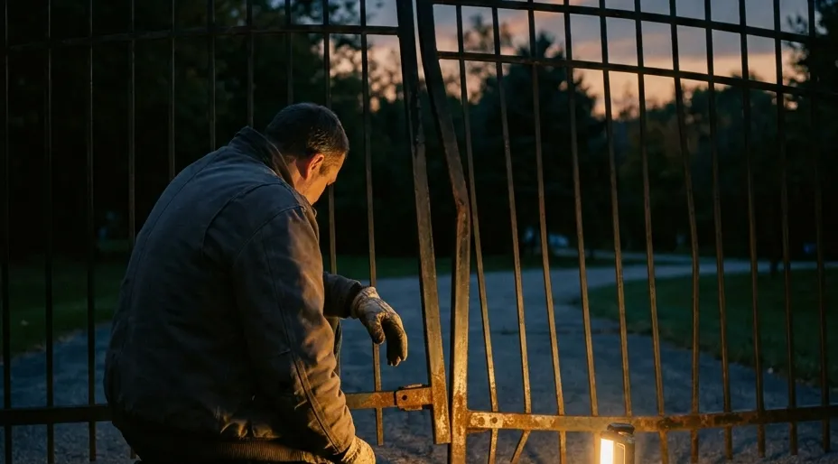 Technician kneeling at the lower hinge of a sagging iron estate gate at dusk with a work light and open tool bag