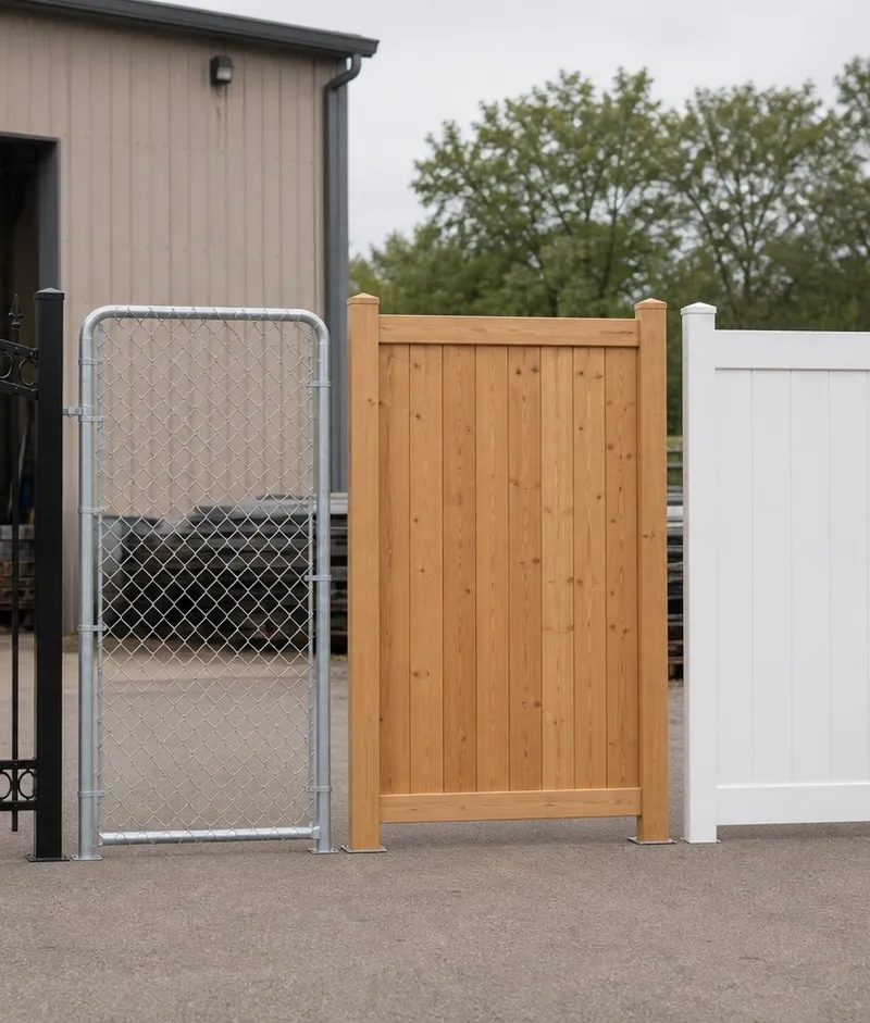 Technician presenting five gate material styles, iron, chain link, cedar, vinyl, and aluminum, lined up outside a fabrication shop in daylight