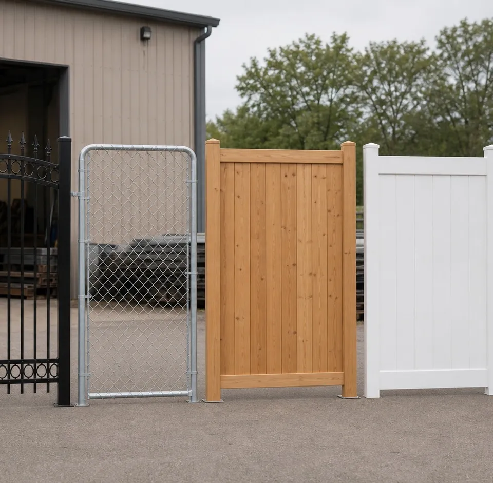 Technician presenting five gate material styles, iron, chain link, cedar, vinyl, and aluminum, lined up outside a fabrication shop in daylight