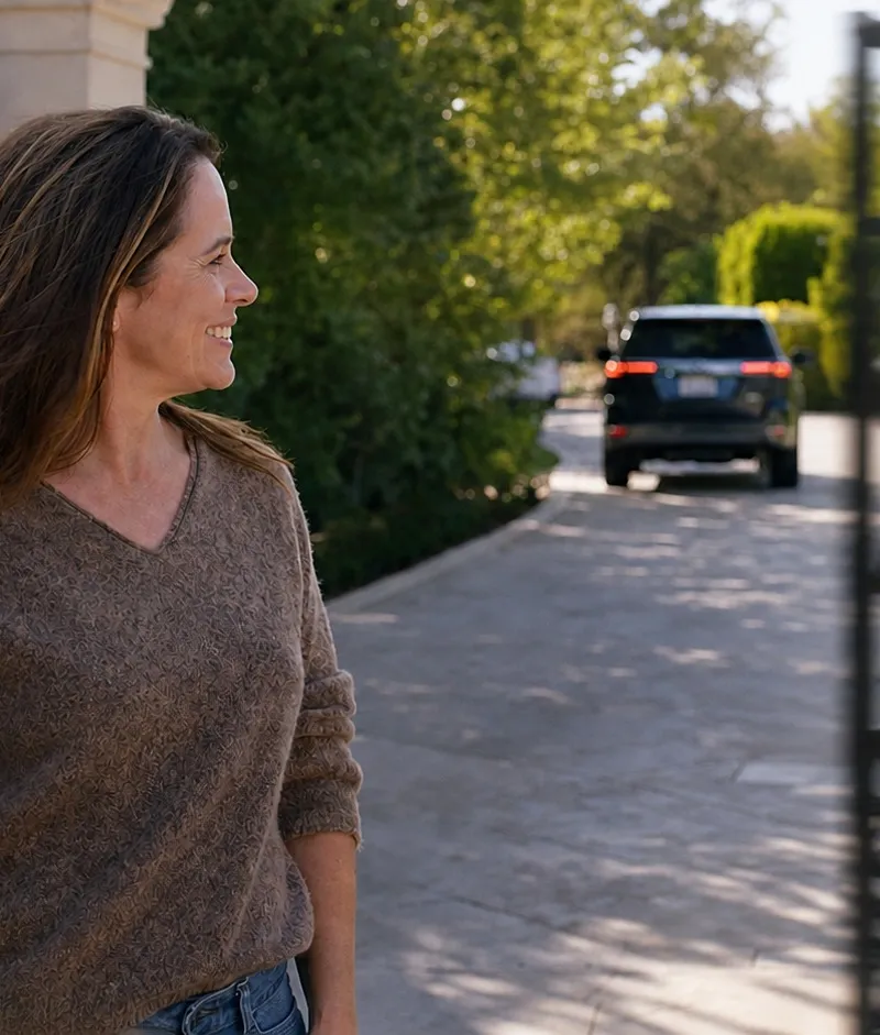 Homeowner using a smartphone app to open her driveway gate in bright daylight