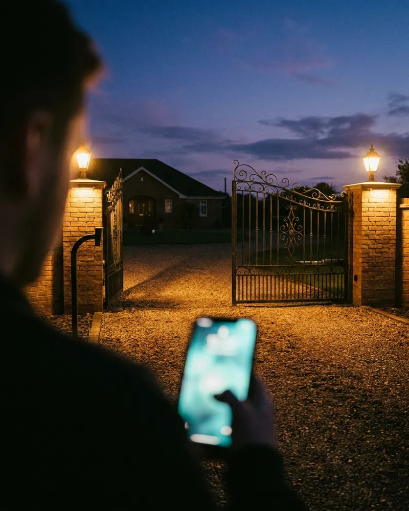 Hand holding a glowing smartphone in the foreground while an iron driveway gate opens between lamplit brick pillars at dusk
