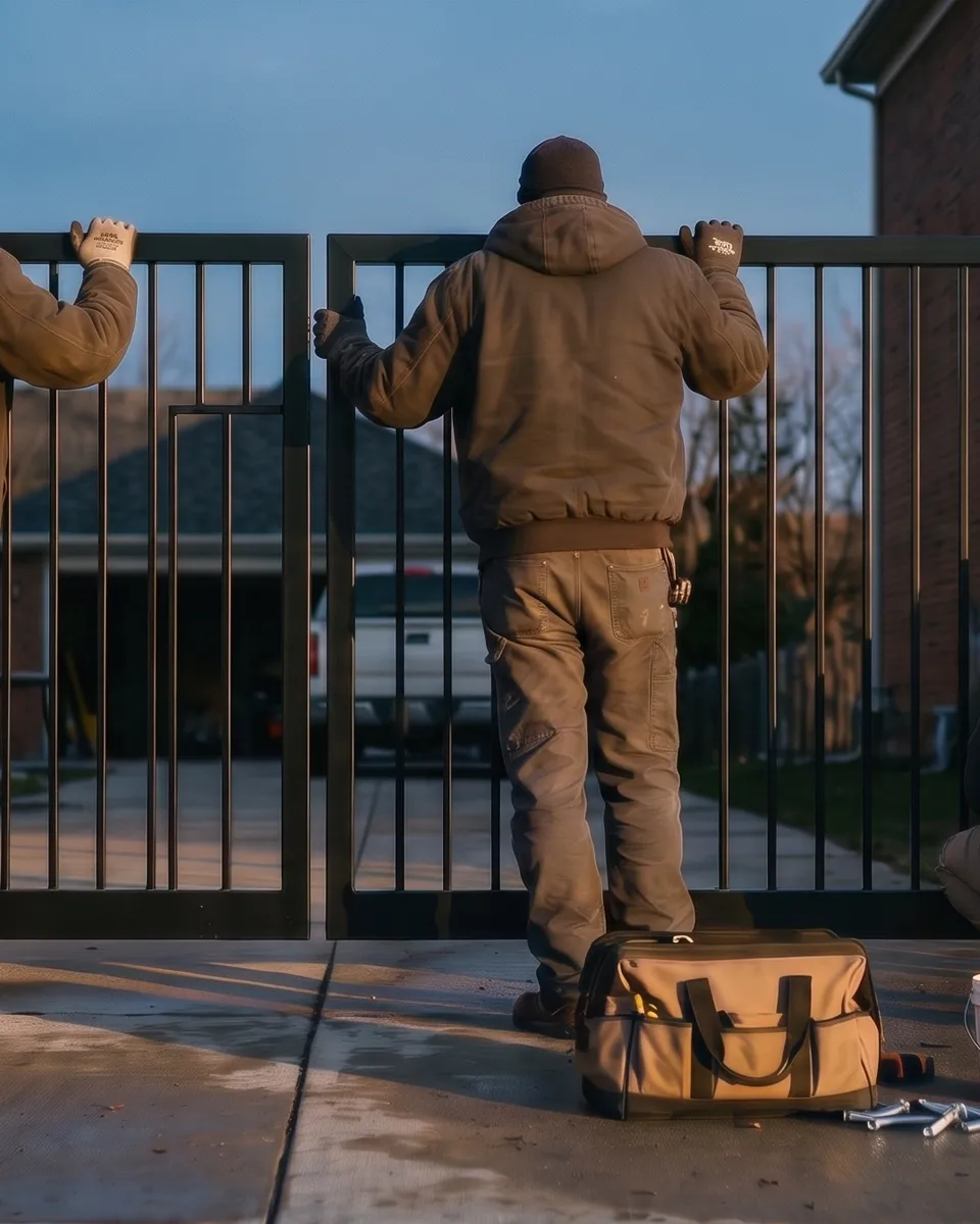 Three installers in work jackets fitting a new black steel driveway gate between brick homes at golden hour, one checking the hinge post with a level