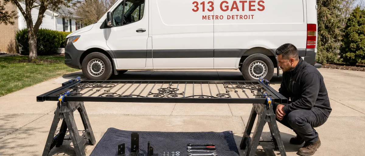 Gate panel staged on sawhorses in a sunny driveway beside a 313 Gates branded van, installer inspecting hardware