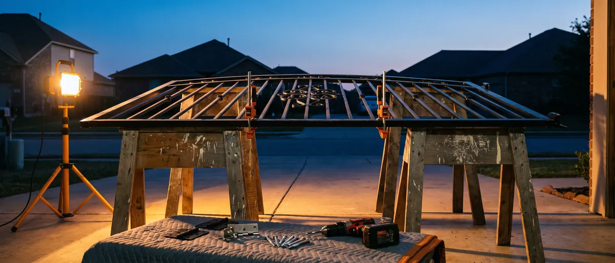 Ornamental steel gate panel clamped across two sawhorses in a driveway at dusk with hinge hardware laid out on a moving blanket under a work light