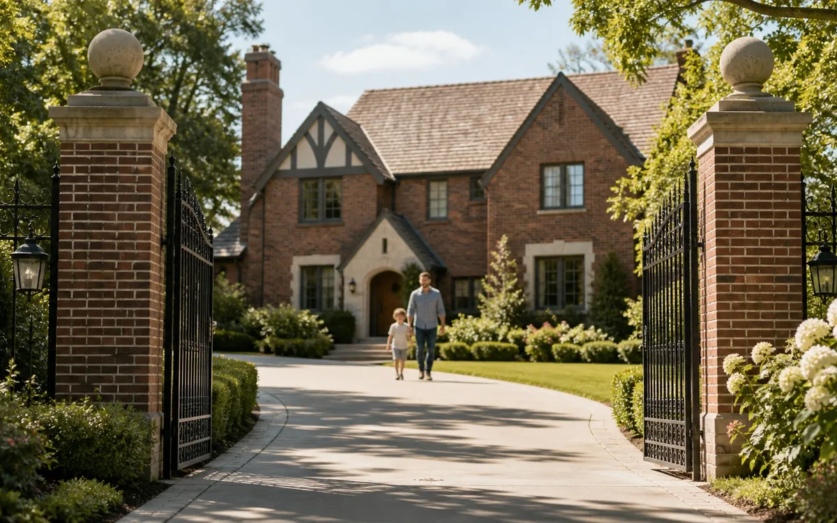 Family walking up their driveway toward an open arched iron gate at a Dearborn Michigan brick tudor home in daylight