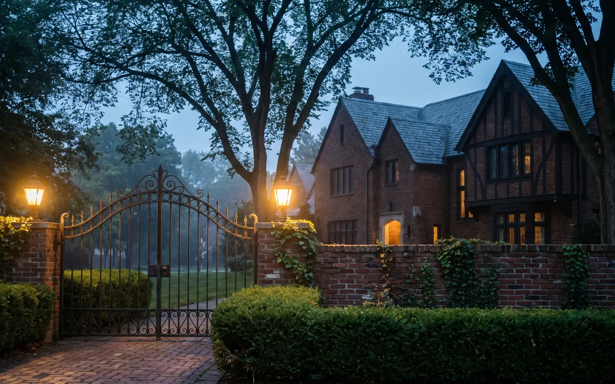 Brick tudor home in Dearborn behind an arched ornamental iron gate flanked by glowing carriage lamps at dusk