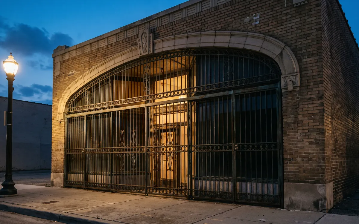 Ornamental iron security gates across the arched brick entry of a Detroit commercial building at dusk with warm light spilling through