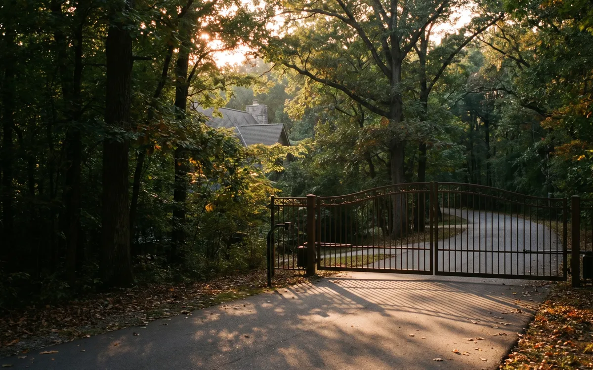 Dark iron picket gate across a winding wooded drive with a single gable visible through dense trees in Beverly Hills at golden dusk