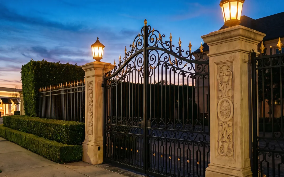 Ornate wrought iron estate gate with gold finials between carved limestone pillars and lanterns near downtown Birmingham at blue hour